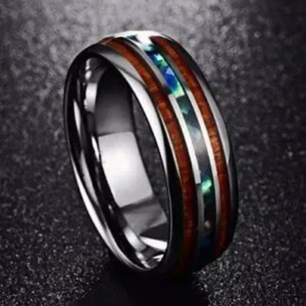 Unisex Tungsten Hawaiian KOA Wood Abalone Ring
